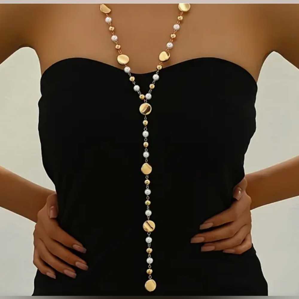 Elegant Long Y-Shaped Sweater Necklace with Faux Pearl & Geometric Ccb Beads